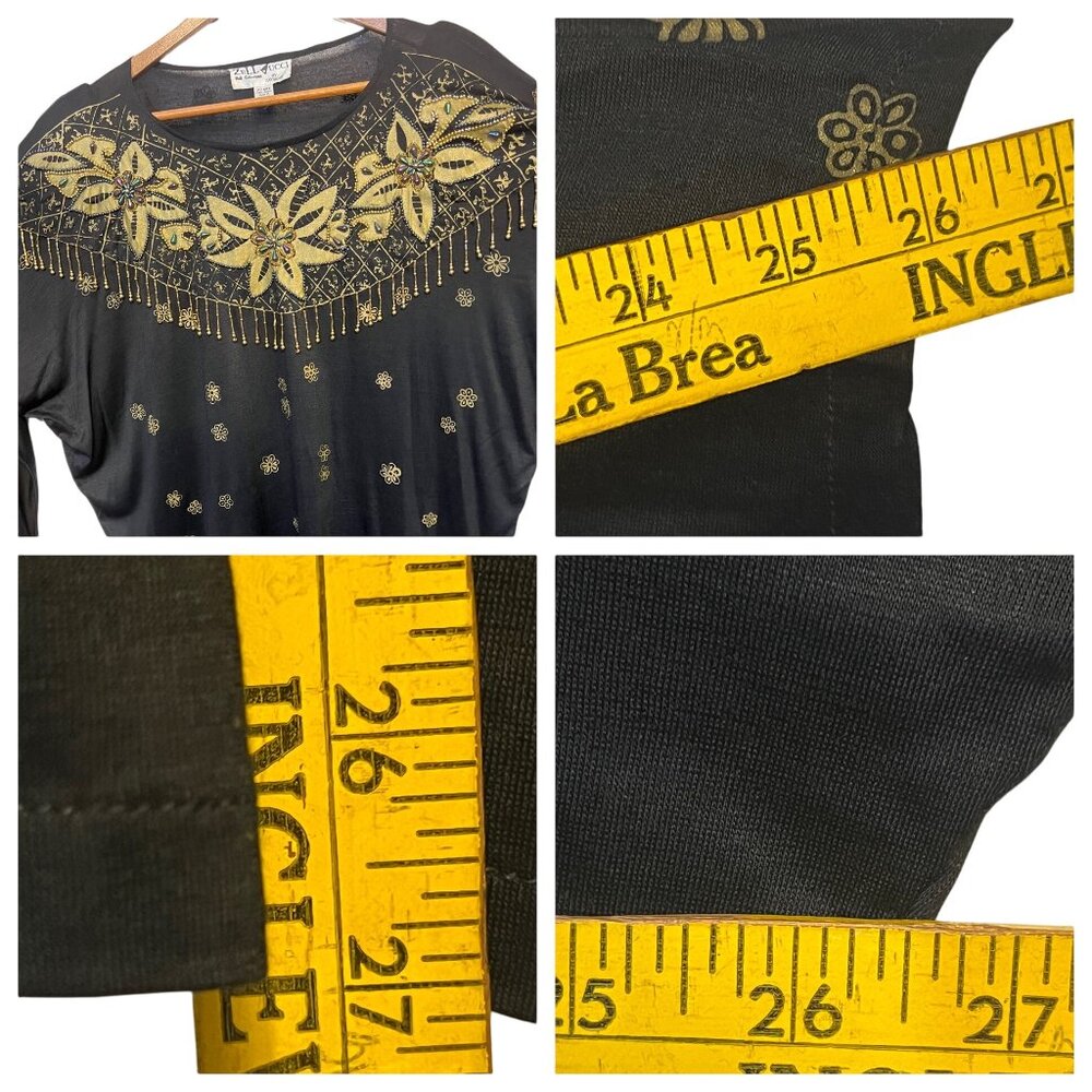 VTG Zell Ucci Bali Collection Top All Size Black & Gold Floral Beed's Party Off - Picture 6 of 8